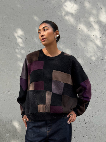 Black Multi Scrapwork Cashmere Crew Sweater