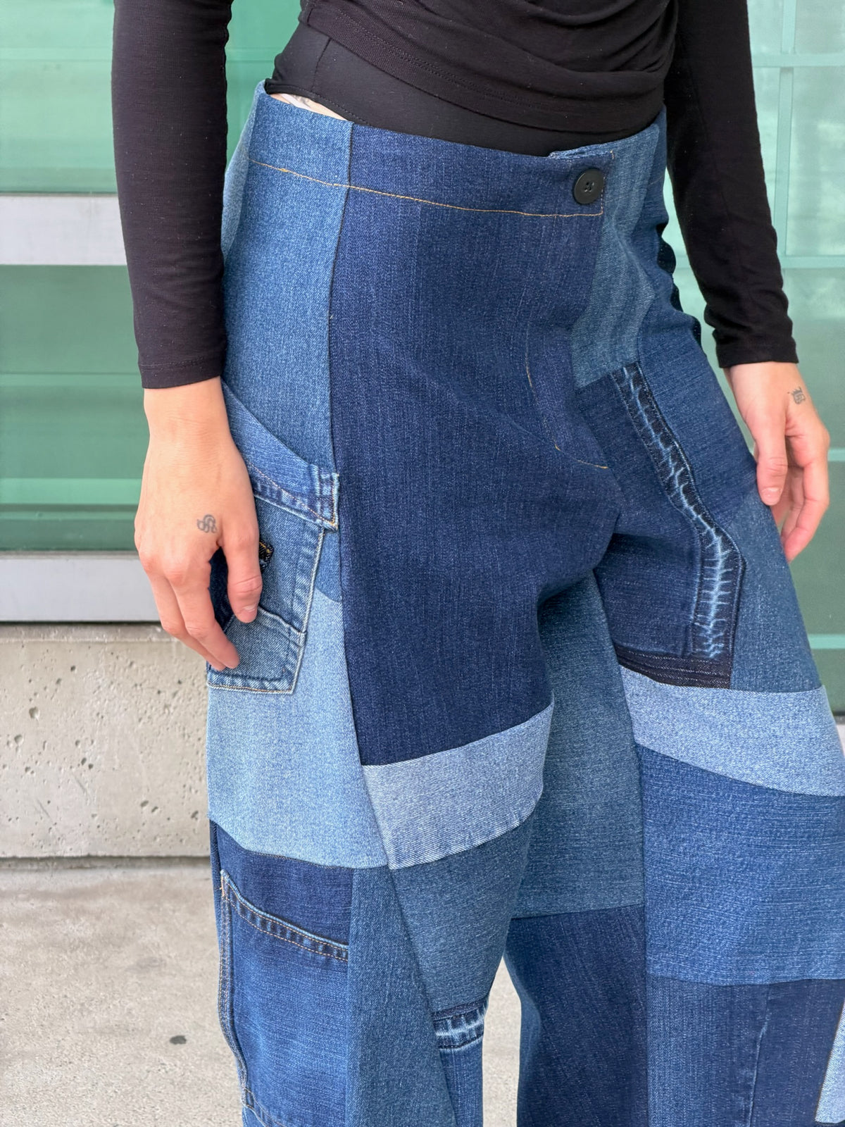 Patchwork Denim Baggy Pant – Blue Denim Mix