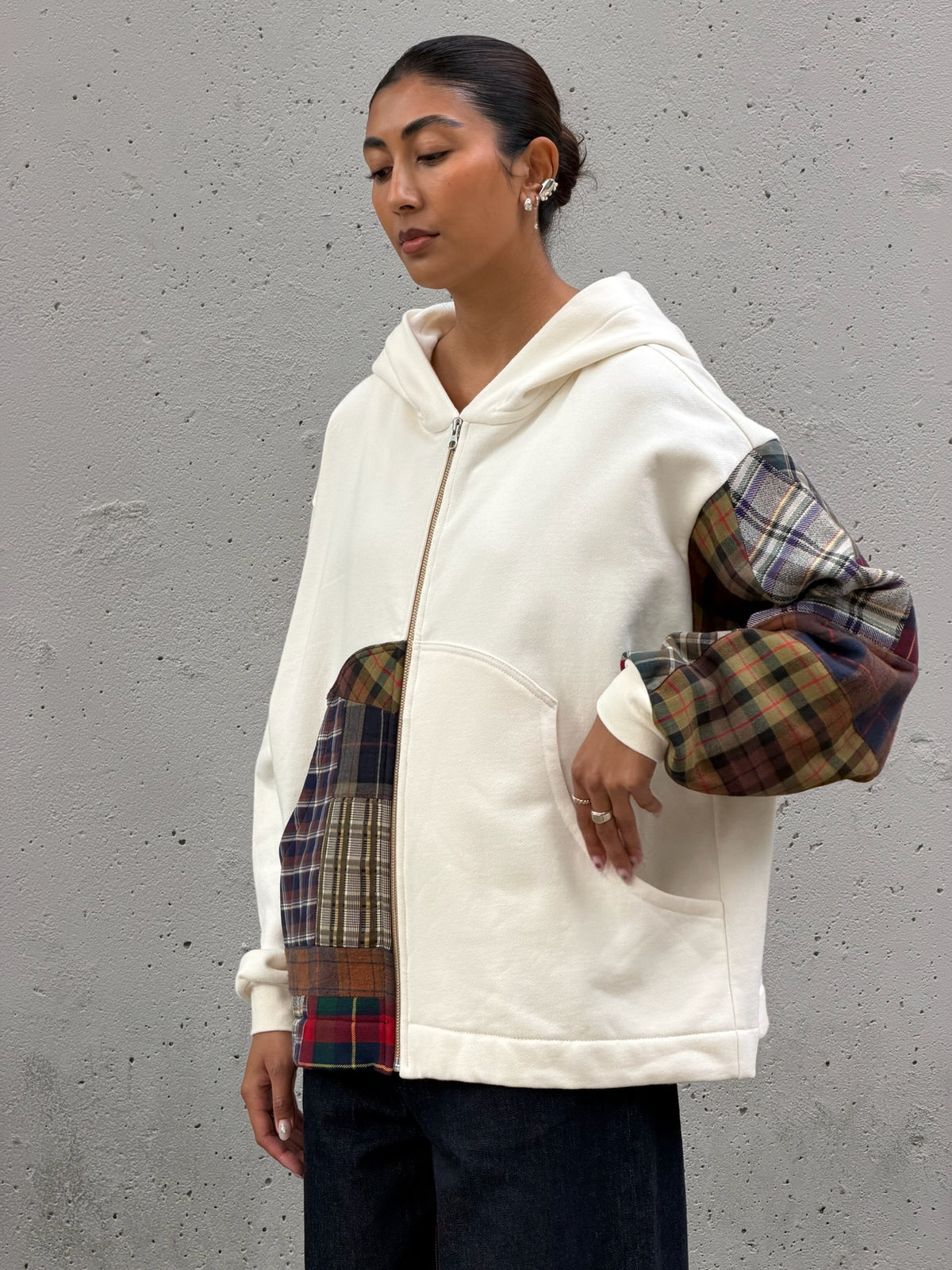 White & Brown Patchwork Cotton Zip Hoodie M