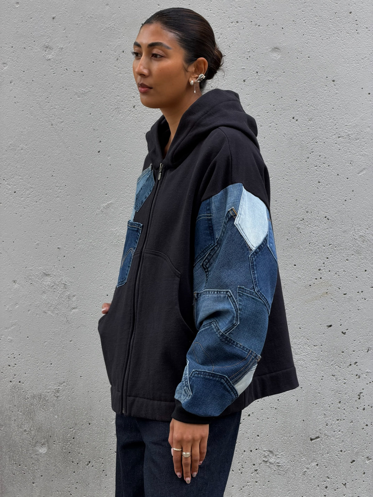 Black & Blue Denim Pockets Sleeve Zip Hoodie
