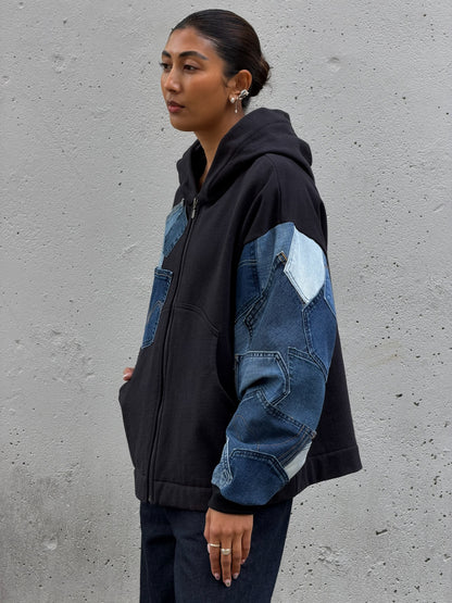 Black & Blue Denim Pockets Sleeve Zip Hoodie