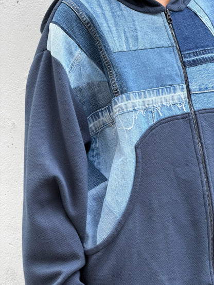 Navy & Blue Denim Patchwork Zip Hoodie