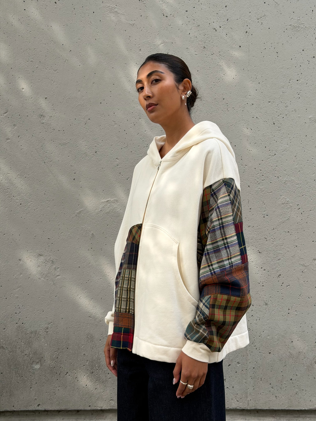 White & Brown Patchwork Cotton Zip Hoodie M