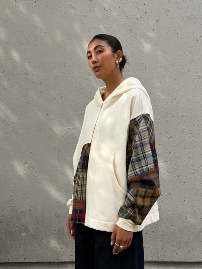 White & Brown Patchwork Cotton Zip Hoodie M