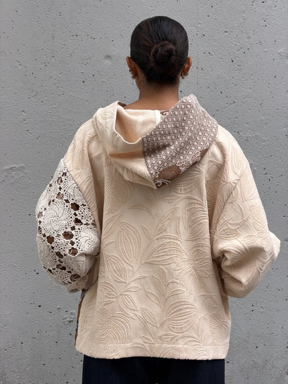 Cream & Brown Crochet Zip Up Hoodie M