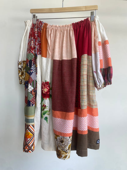 Red Multi Patchwork Cotton Mix Off-shoulder Dress L