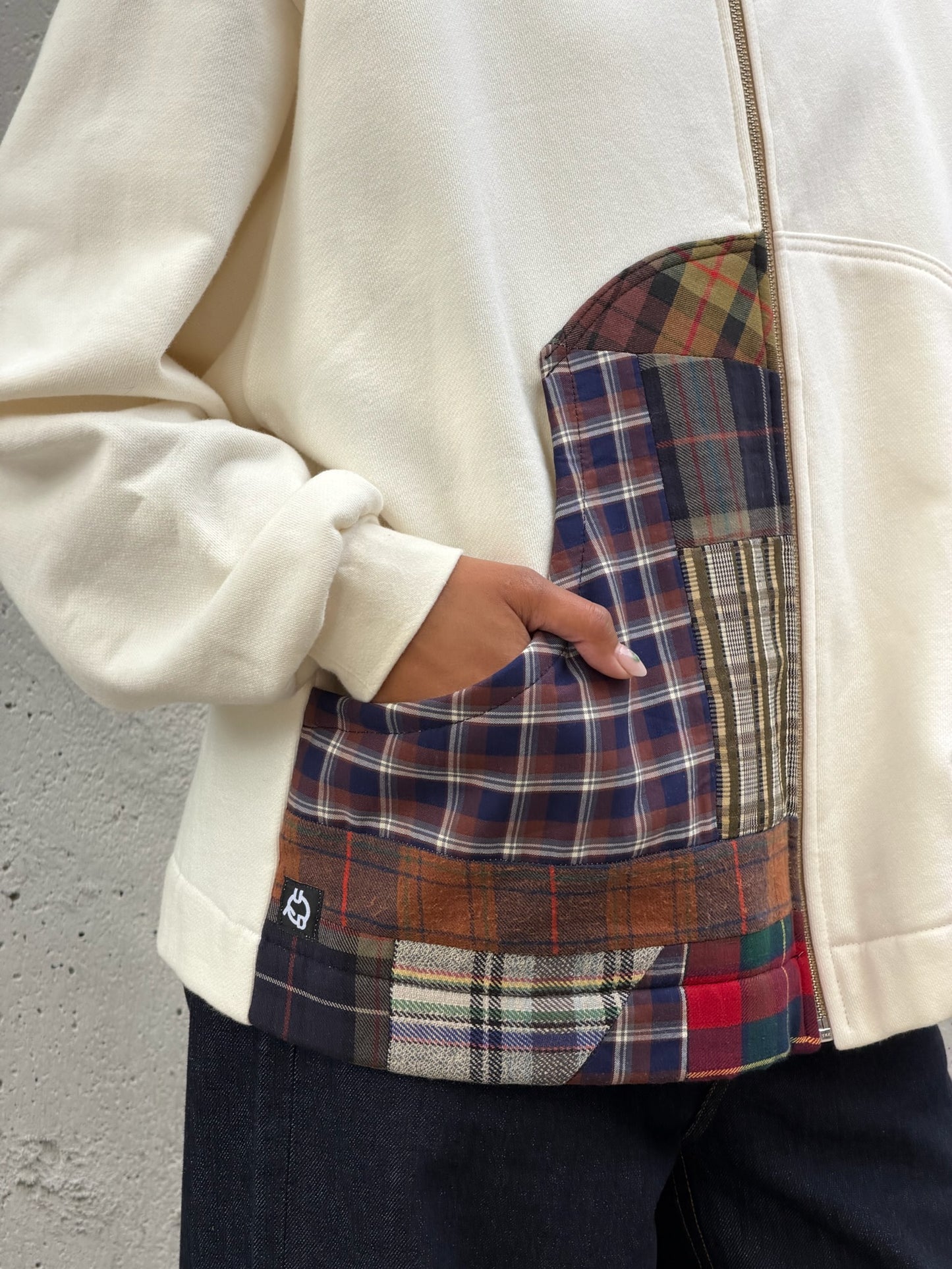 White & Brown Patchwork Cotton Zip Hoodie M