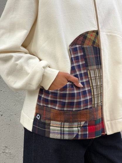 White & Brown Patchwork Cotton Zip Hoodie M