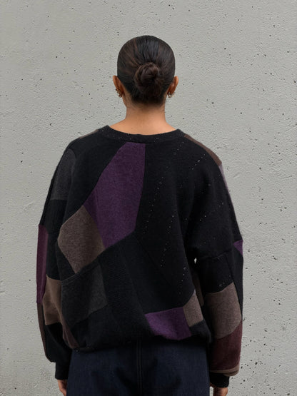 Black Multi Scrapwork Cashmere Crew Sweater