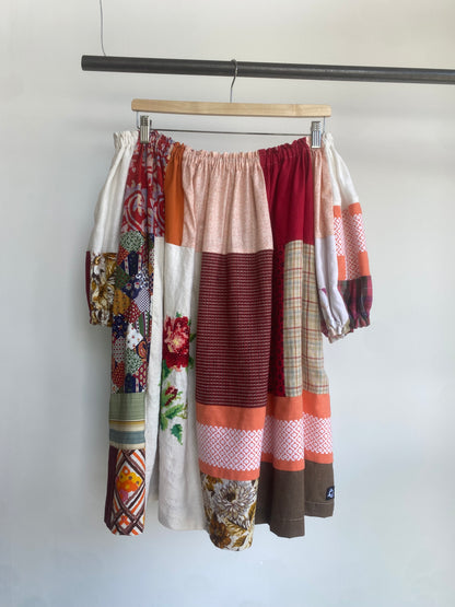 Red Multi Patchwork Cotton Mix Off-shoulder Dress L