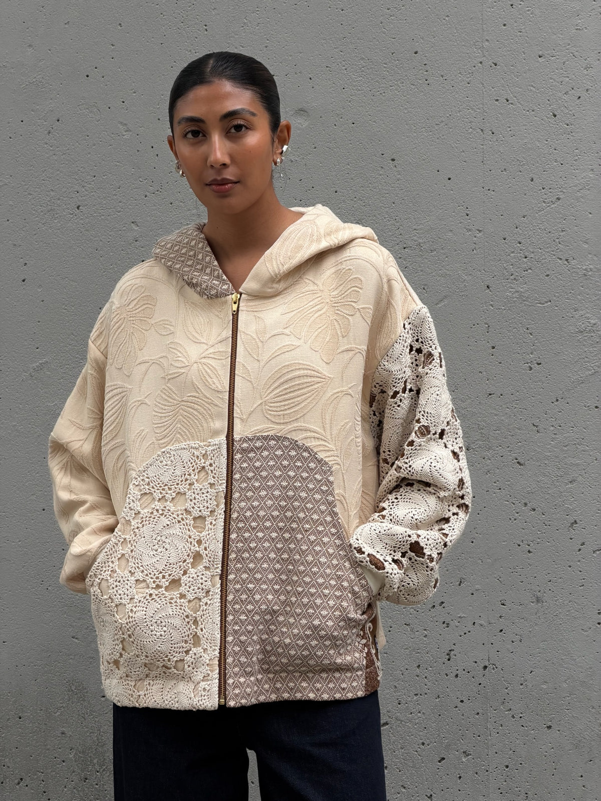 Cream & Brown Crochet Zip Up Hoodie M