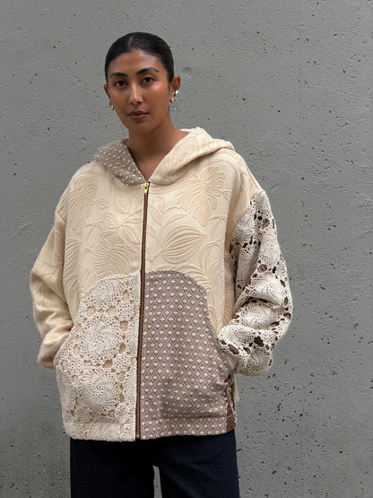 Cream & Brown Crochet Zip Up Hoodie M