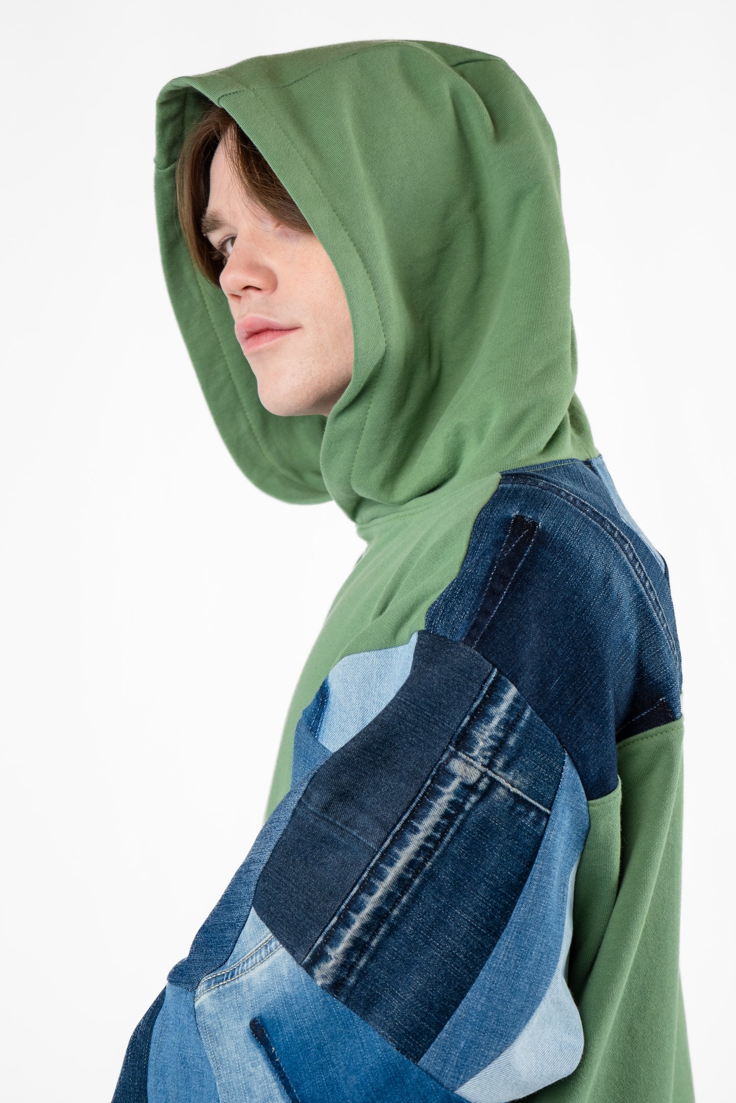 Beach Glass Denim Patchwork Hoodie L