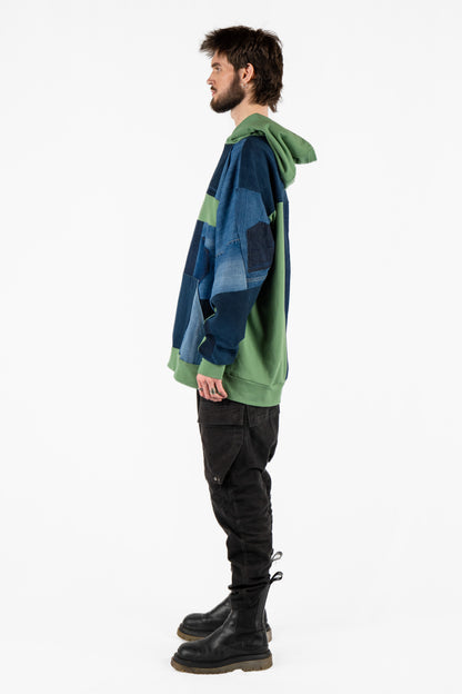 Green Base Patchwork Denim Hoodie XXL