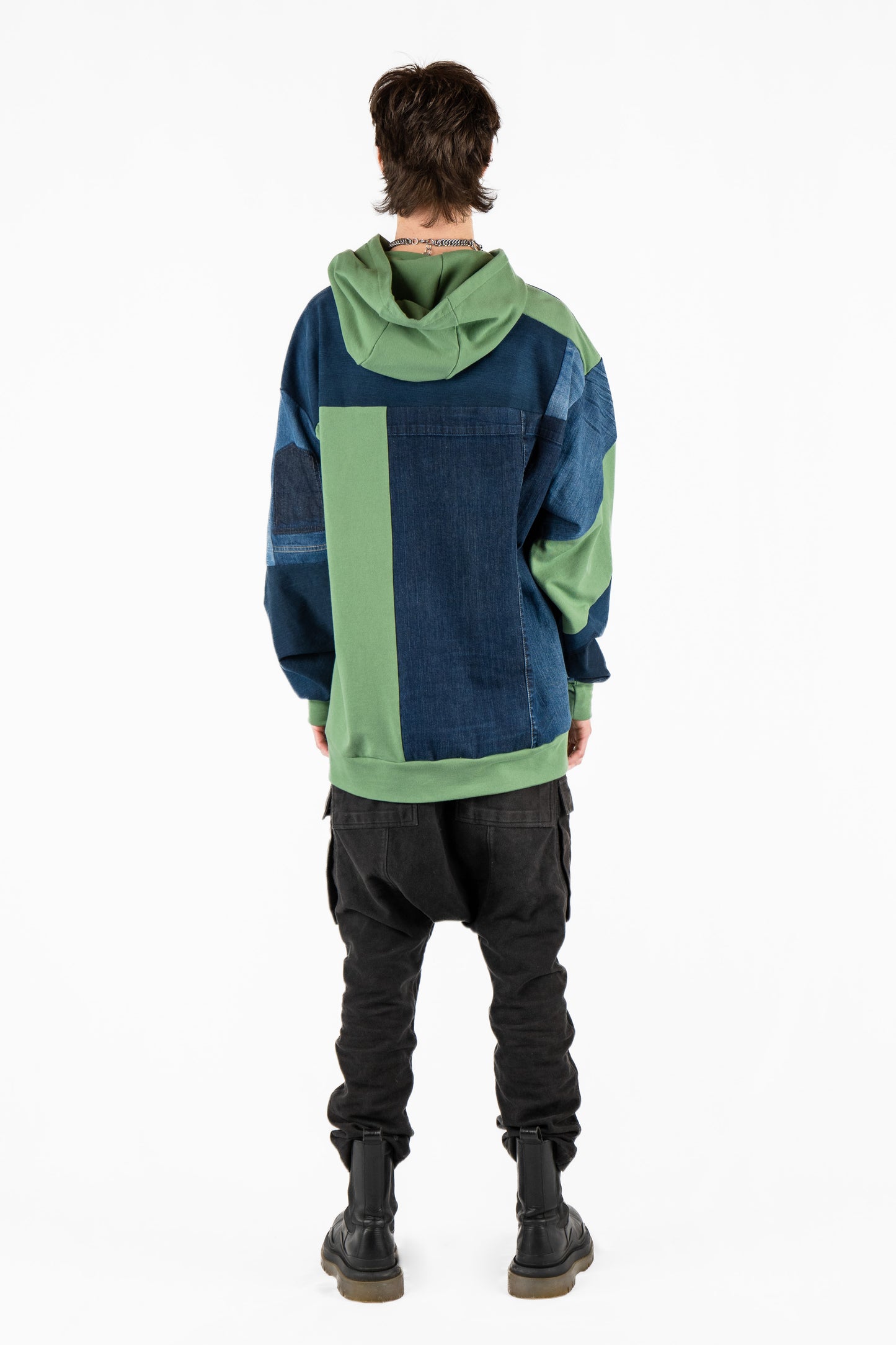 Green Base Patchwork Denim Hoodie XXL