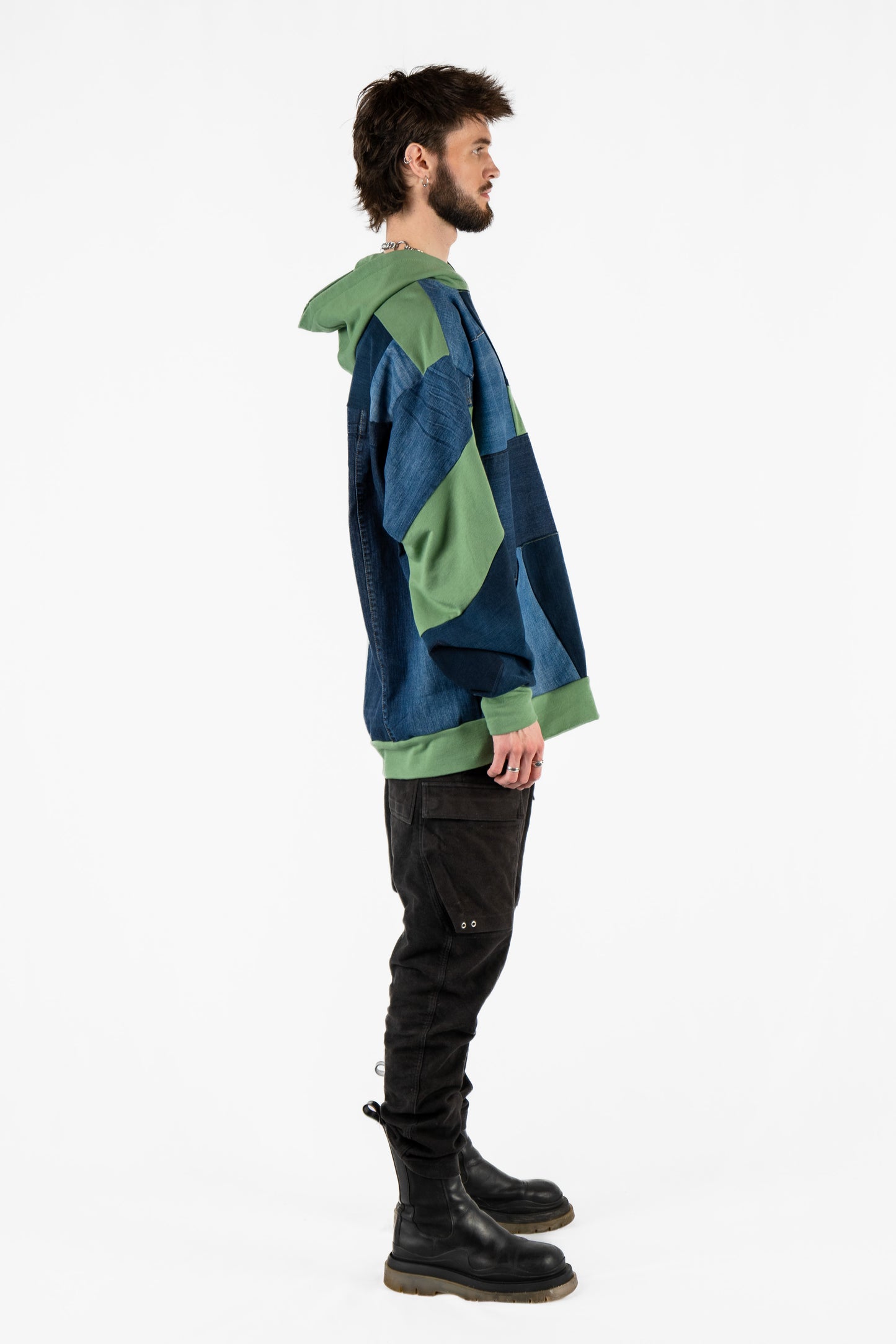 Green Base Patchwork Denim Hoodie XXL