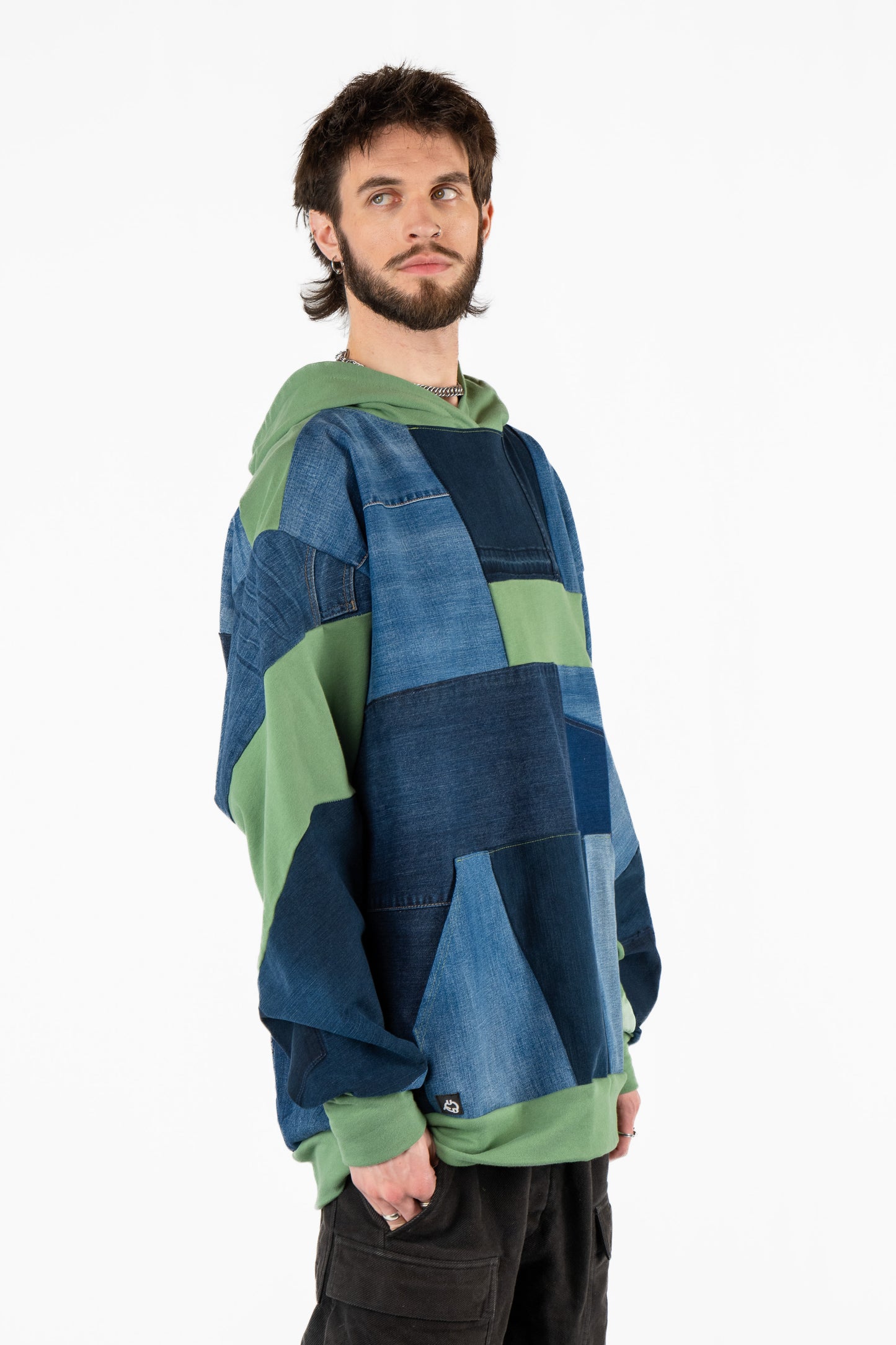 Green Base Patchwork Denim Hoodie XXL