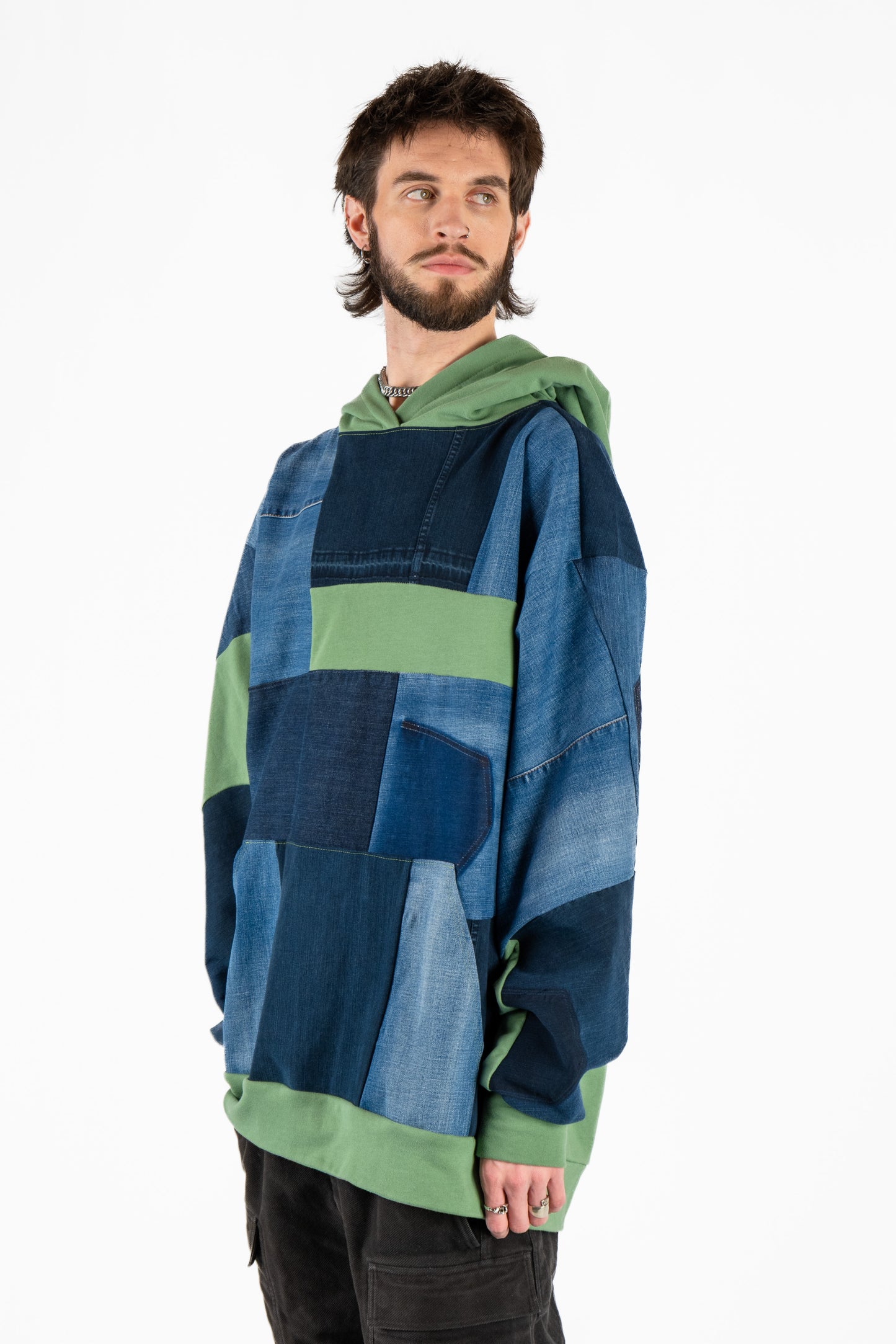 Green Base Patchwork Denim Hoodie XXL