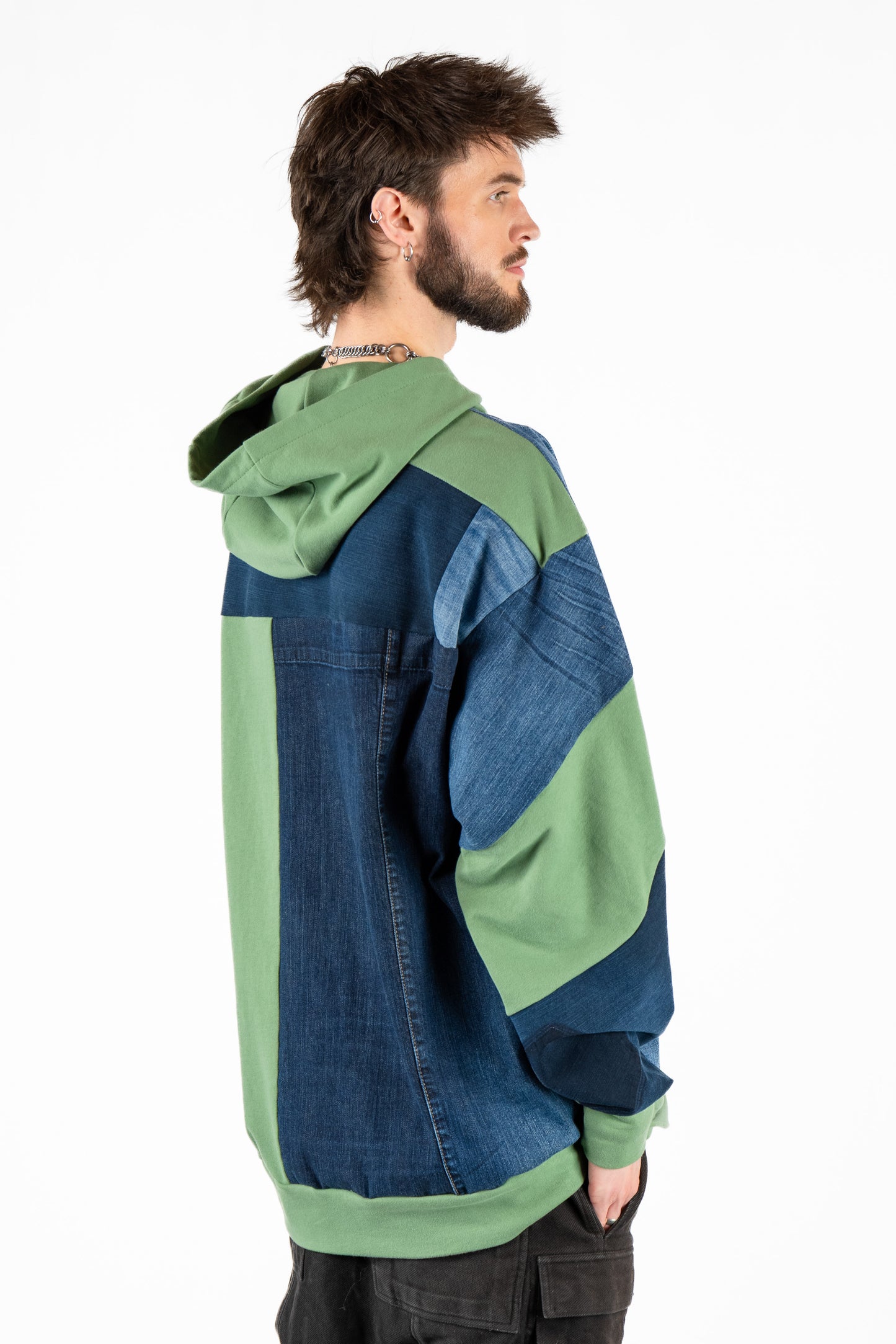 Green Base Patchwork Denim Hoodie XXL