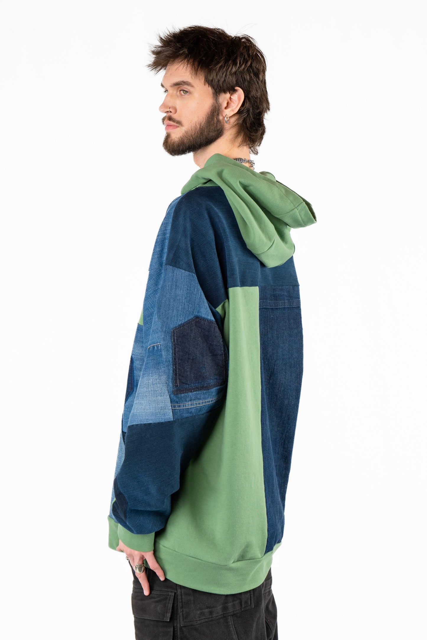 Green Base Patchwork Denim Hoodie XXL