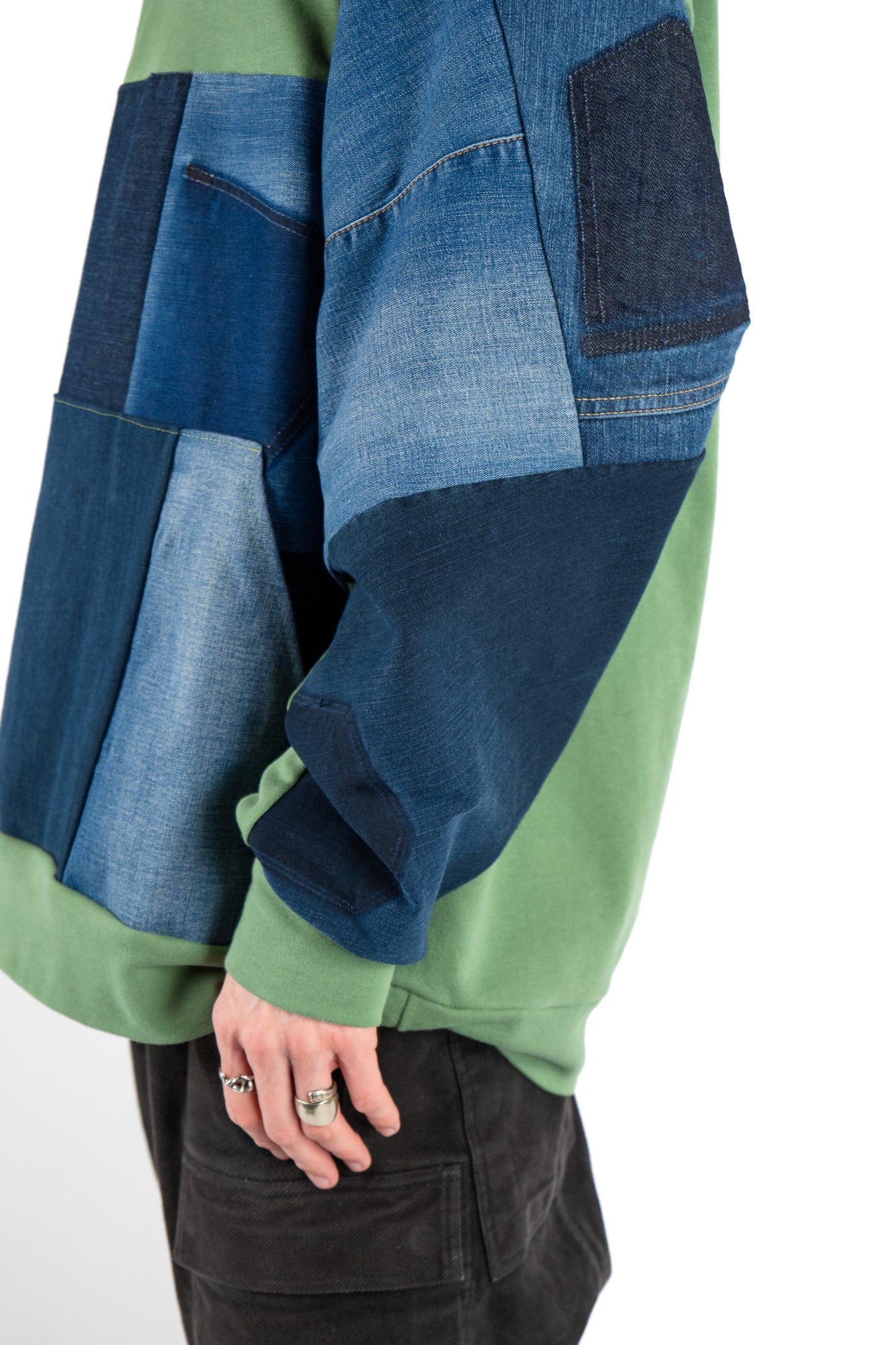 Green Base Patchwork Denim Hoodie XXL