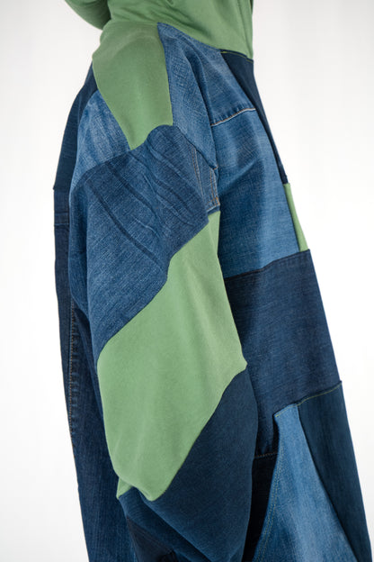 Green Base Patchwork Denim Hoodie XXL