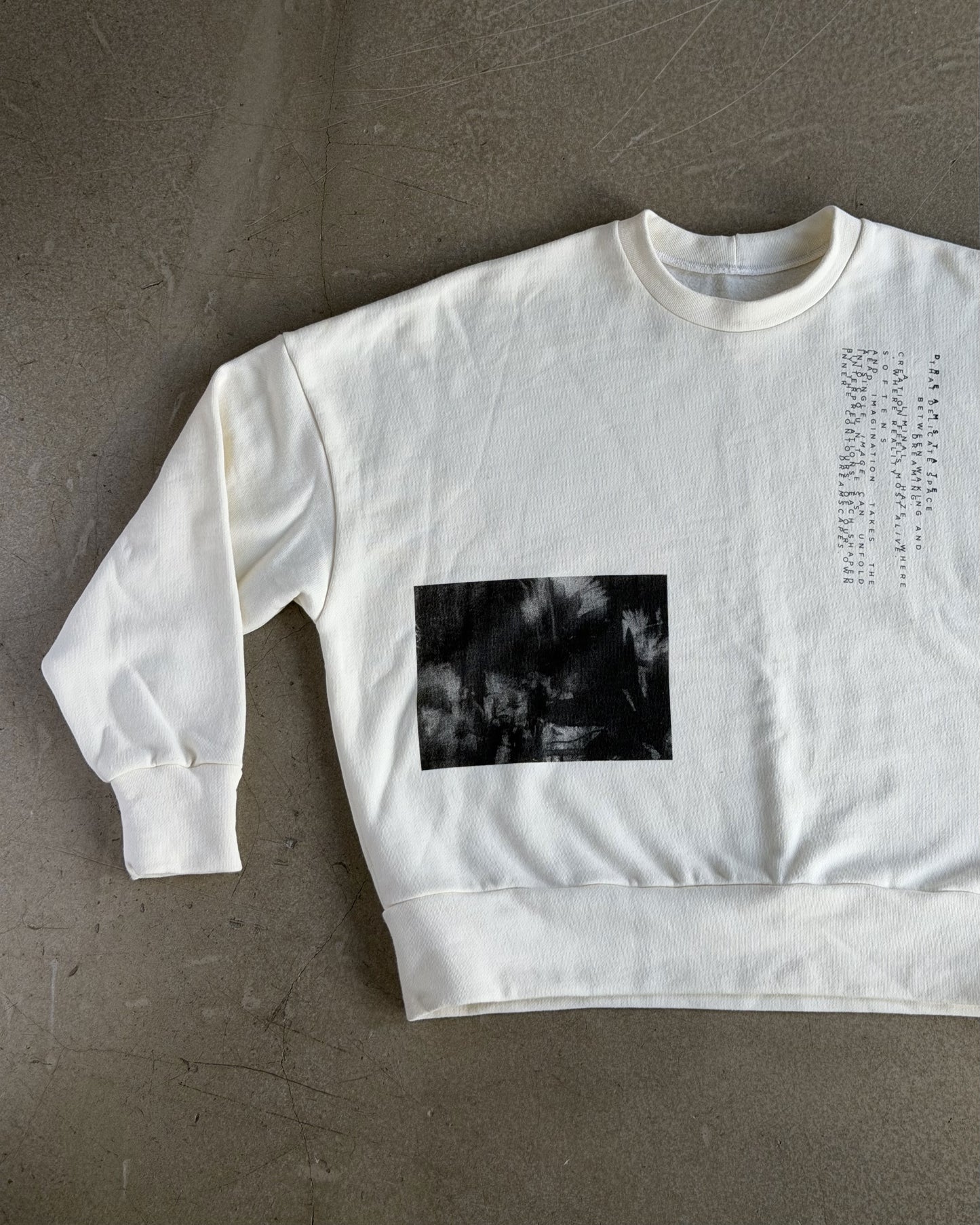 White Crewneck with Original Screen Print Photography by Laura Clark