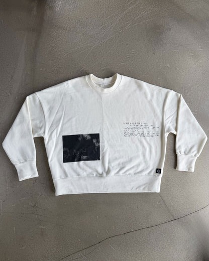 White Crewneck with Original Screen Print Photography by Laura Clark