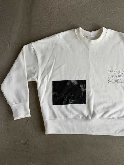 White Crewneck with Original Screen Print Photography by Laura Clark
