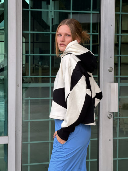 Black & White Scrapwork Cropped Hoodie – Cotton Mix, Size M