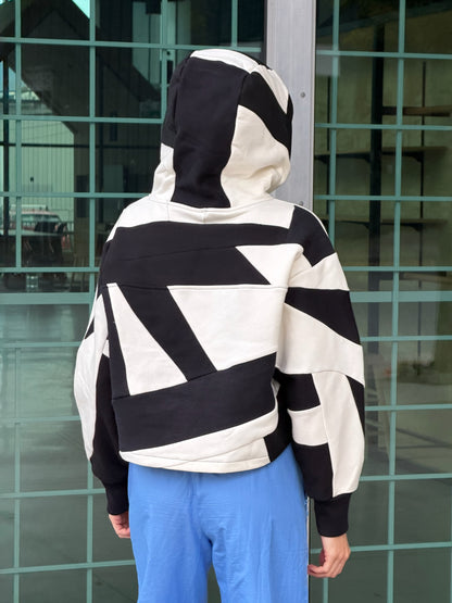 Black & White Scrapwork Cropped Hoodie – Cotton Mix, Size M