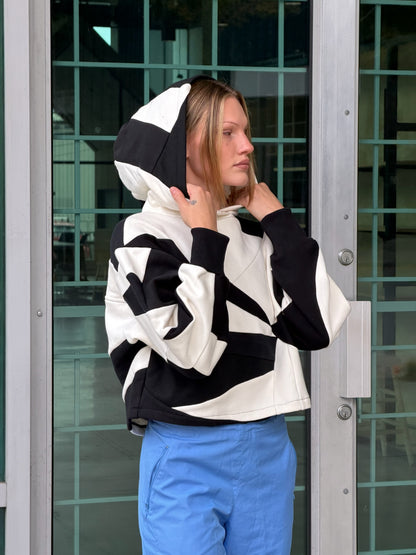 Black & White Scrapwork Cropped Hoodie – Cotton Mix, Size M