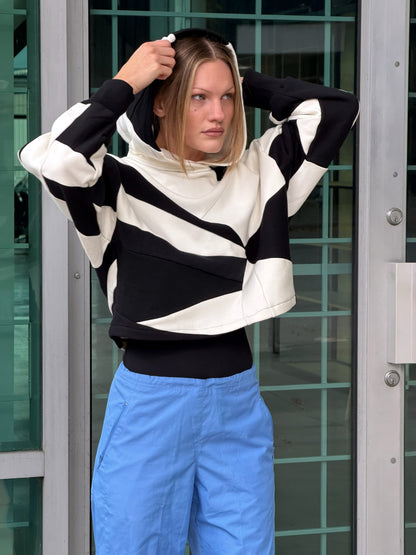 Black & White Scrapwork Cropped Hoodie – Cotton Mix, Size M