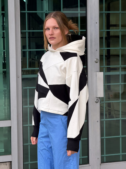 Black & White Scrapwork Cropped Hoodie – Cotton Mix, Size M