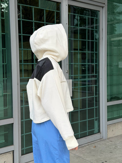 White & Black Denim Sleeve Cropped Hoodie – Cotton Mix, Size M
