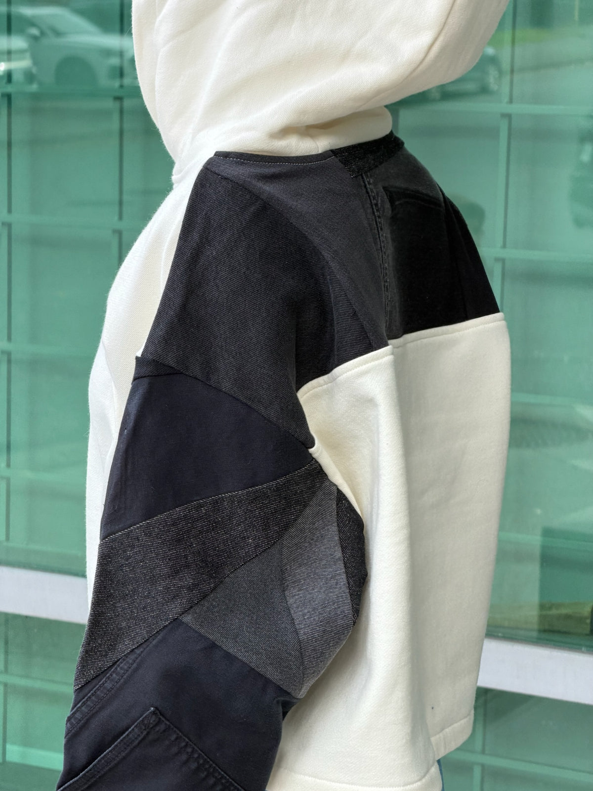 White & Black Denim Sleeve Cropped Hoodie – Cotton Mix, Size M