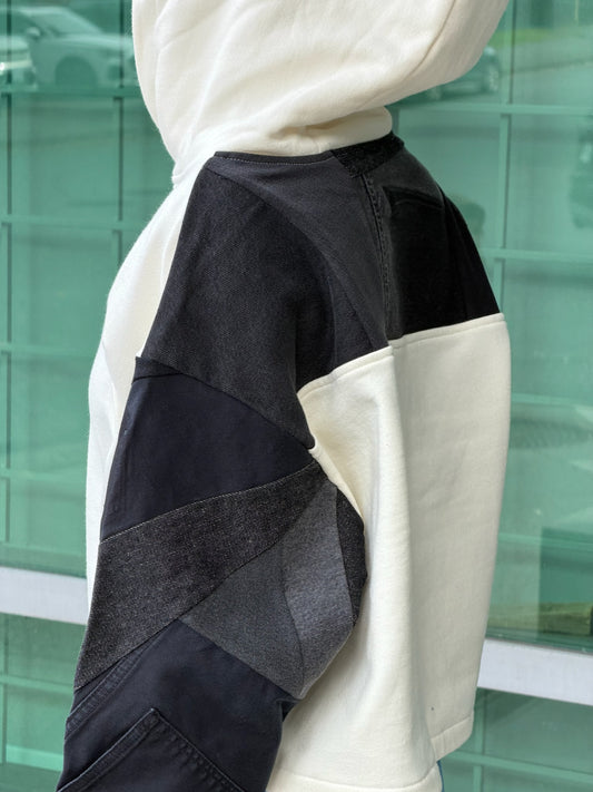 White & Black Denim Sleeve Cropped Hoodie – Cotton Mix, Size M