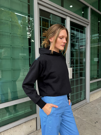 Black Denim Sleeve Cropped Hoodie – Cotton Mix, Size S