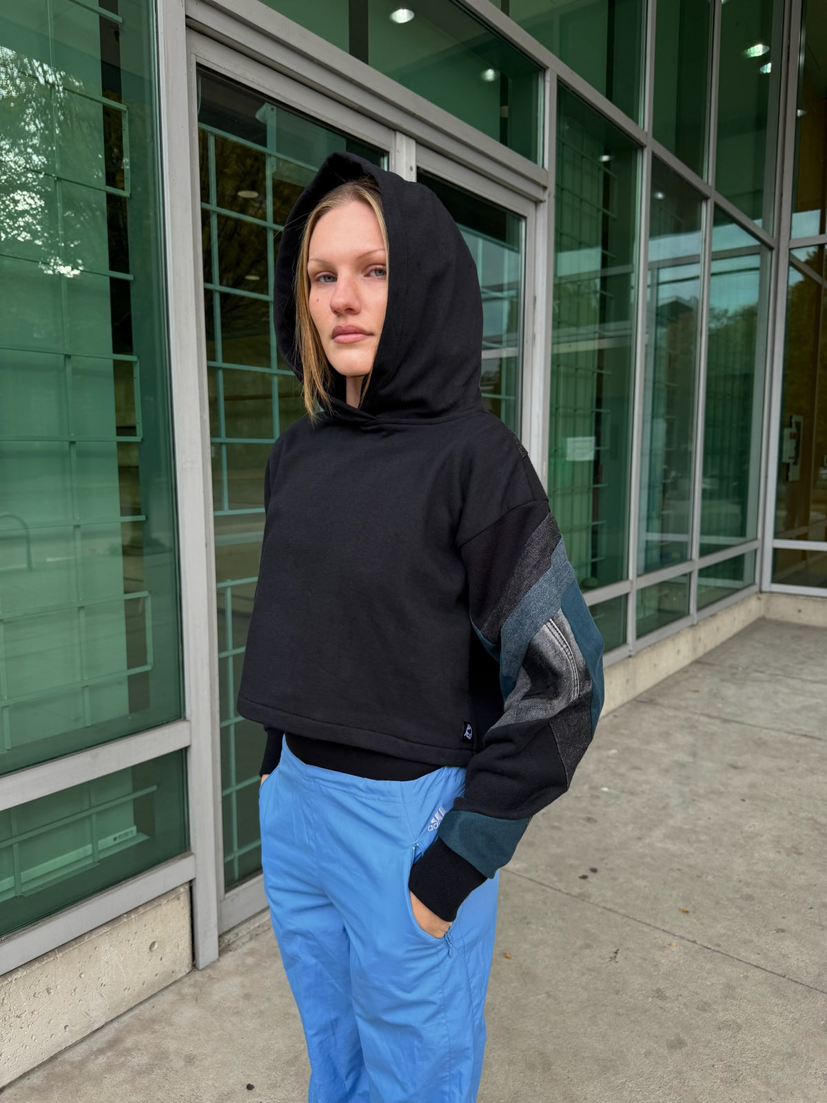 Black Denim Sleeve Cropped Hoodie – Cotton Mix, Size S