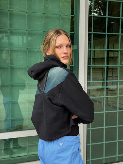 Black Denim Sleeve Cropped Hoodie – Cotton Mix, Size S