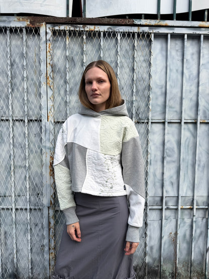 Grey & Green Patchwork Cropped Hoodie – Cotton Mix, Size M