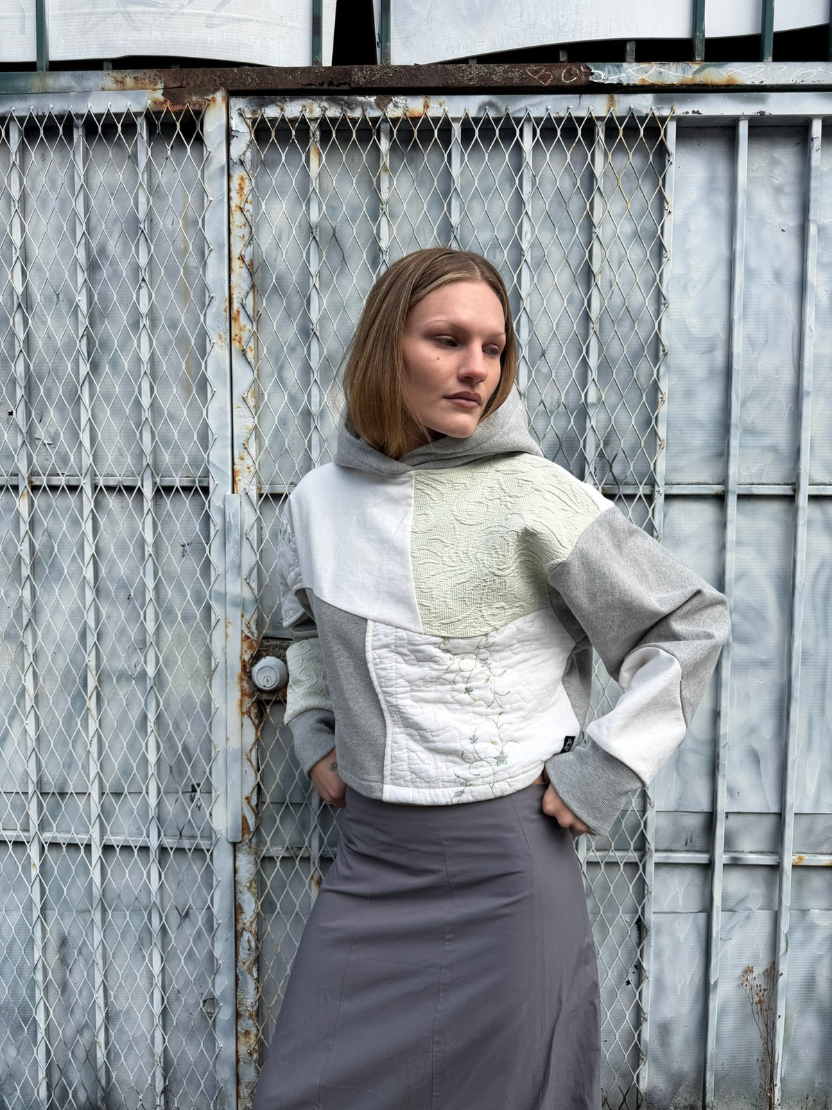 Grey & Green Patchwork Cropped Hoodie – Cotton Mix, Size M