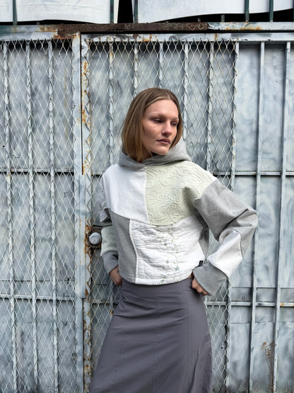 Grey & Green Patchwork Cropped Hoodie – Cotton Mix, Size M