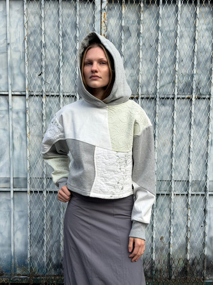 Grey & Green Patchwork Cropped Hoodie – Cotton Mix, Size M
