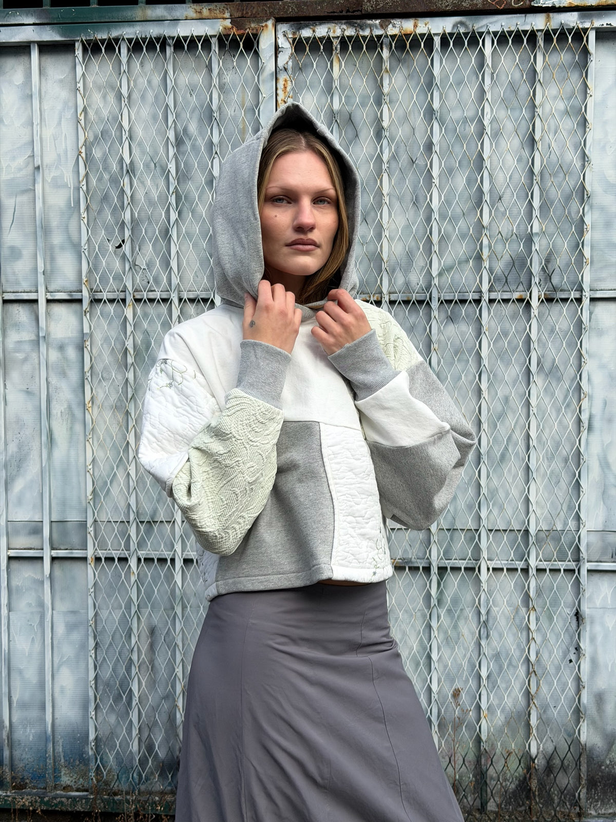 Grey & Green Patchwork Cropped Hoodie – Cotton Mix, Size M