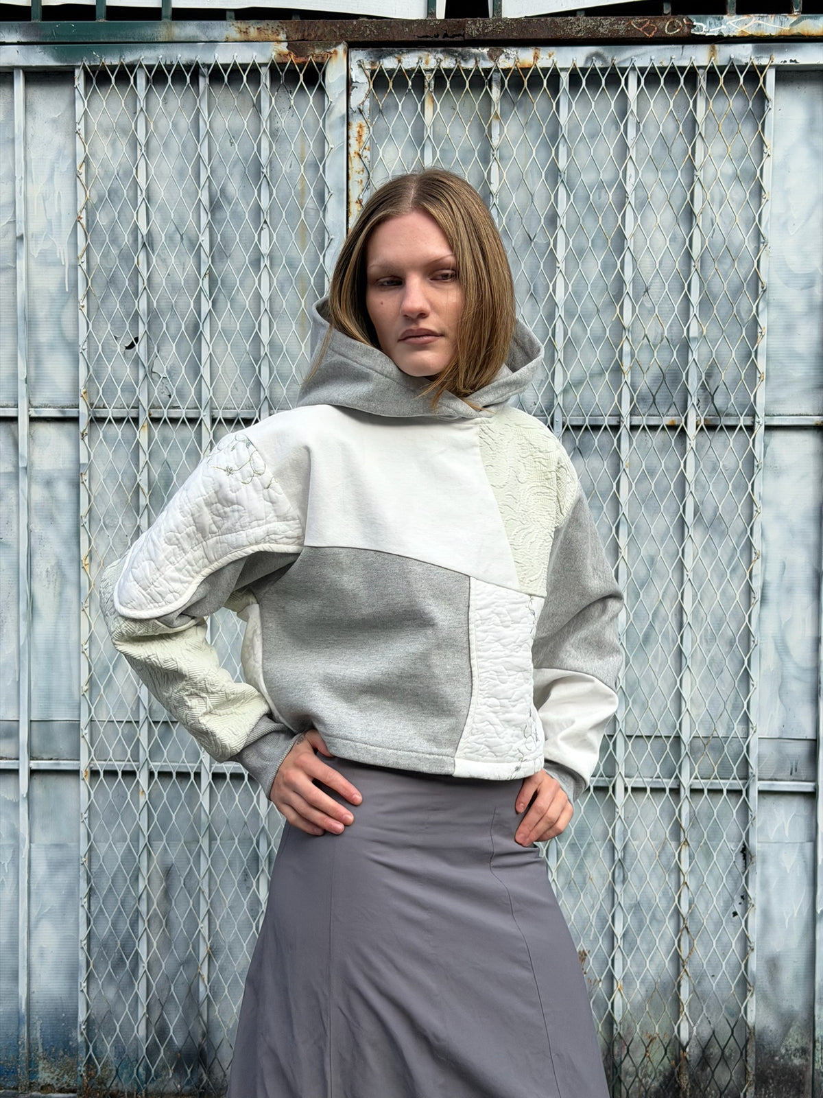 Grey & Green Patchwork Cropped Hoodie – Cotton Mix, Size M