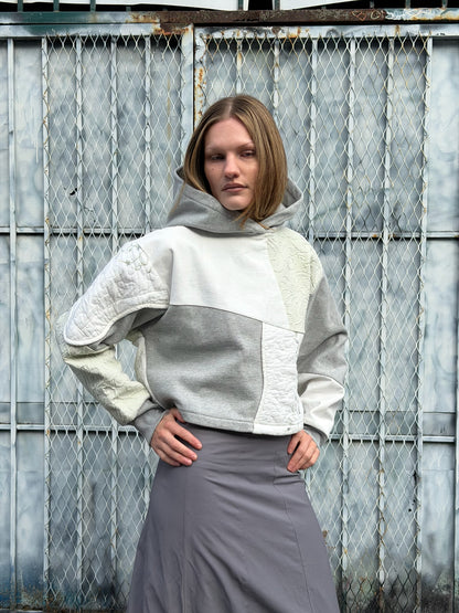 Grey & Green Patchwork Cropped Hoodie – Cotton Mix, Size M
