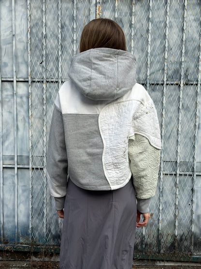 Grey & Green Patchwork Cropped Hoodie – Cotton Mix, Size M