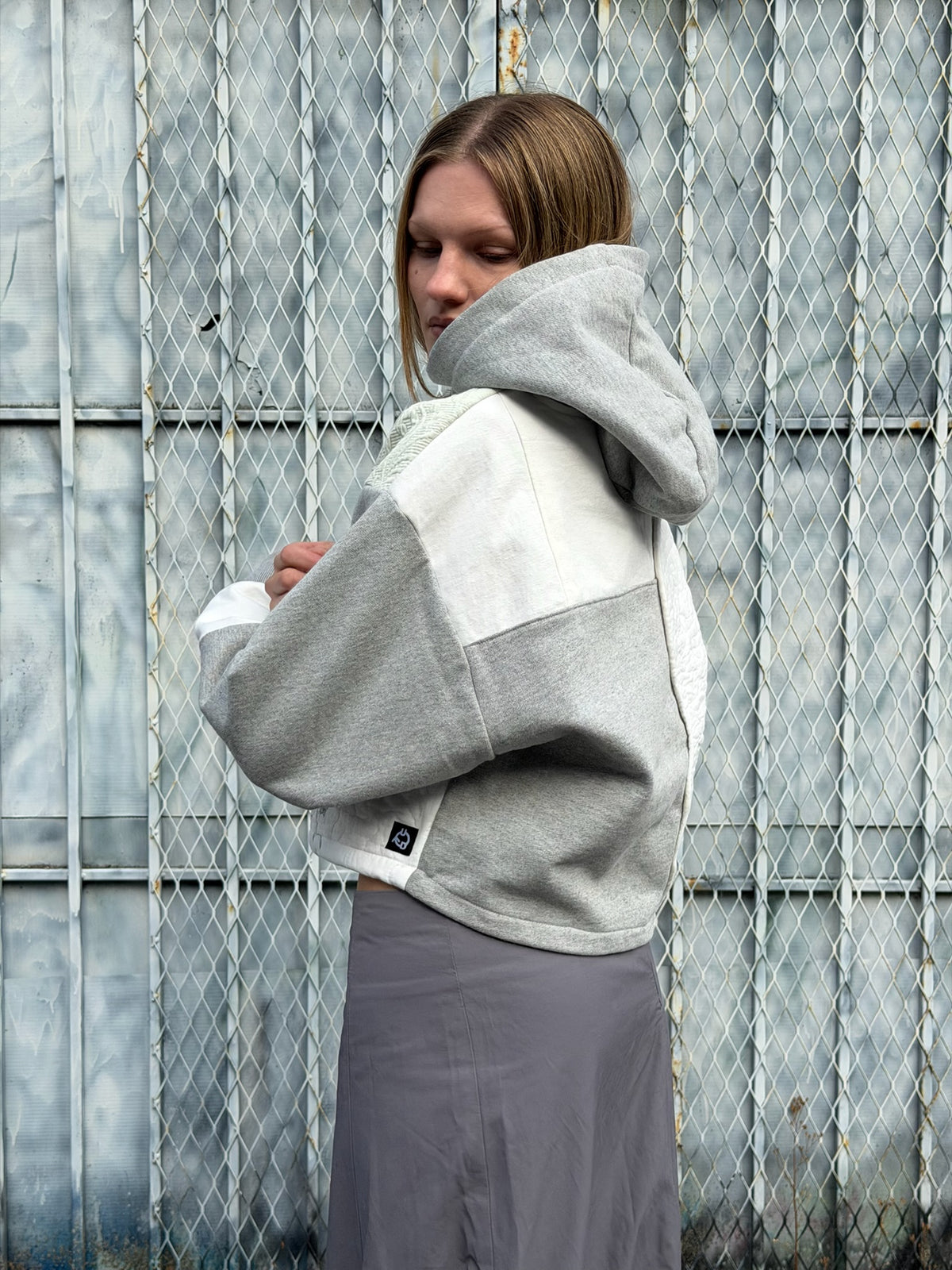 Grey & Green Patchwork Cropped Hoodie – Cotton Mix, Size M