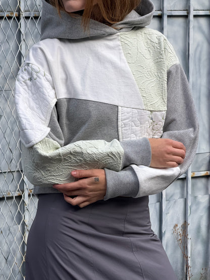 Grey & Green Patchwork Cropped Hoodie – Cotton Mix, Size M